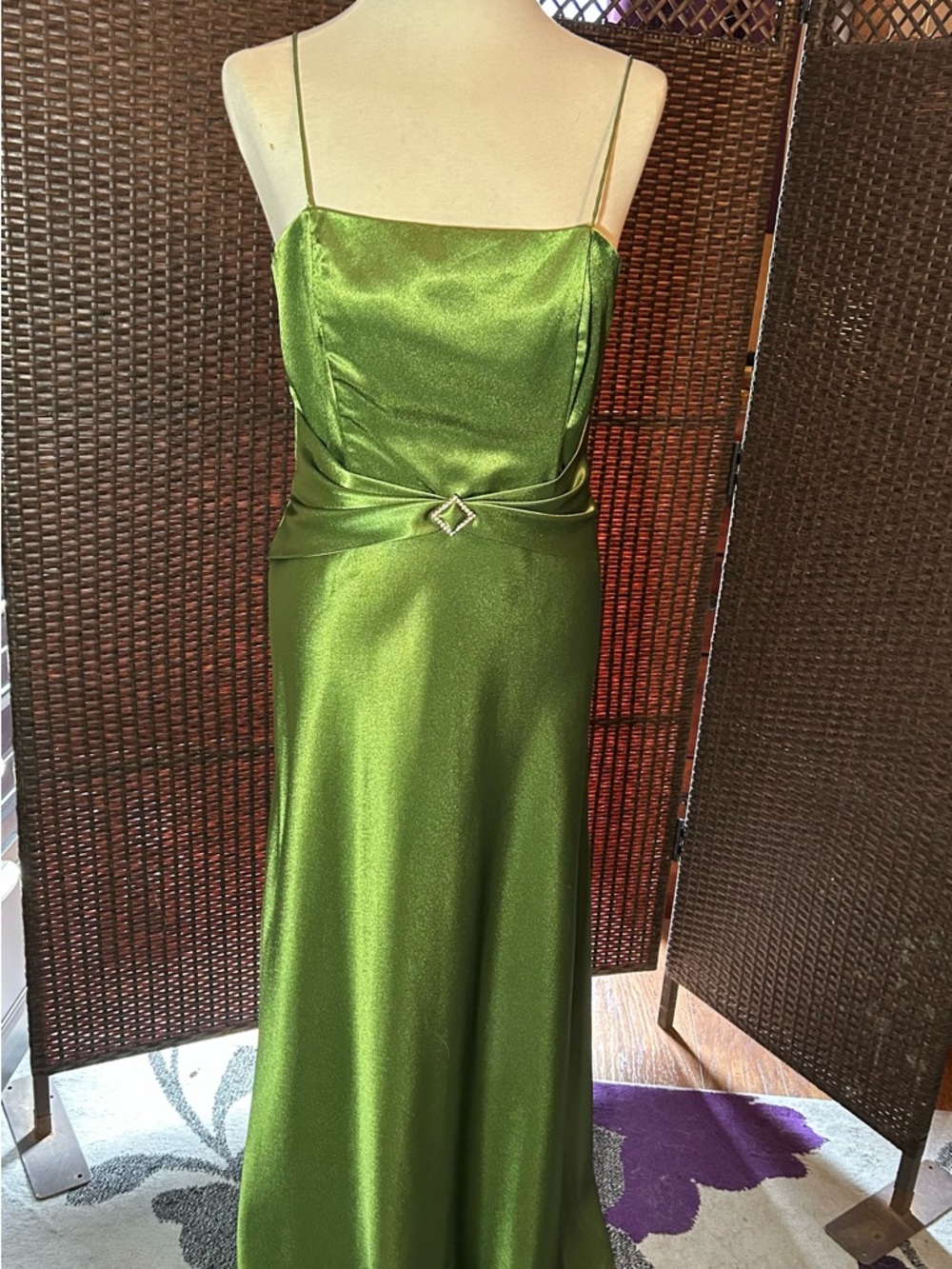 Dress Barn Shimmery Olive Green Satin Spaghetti-Strap Maxi Dress
